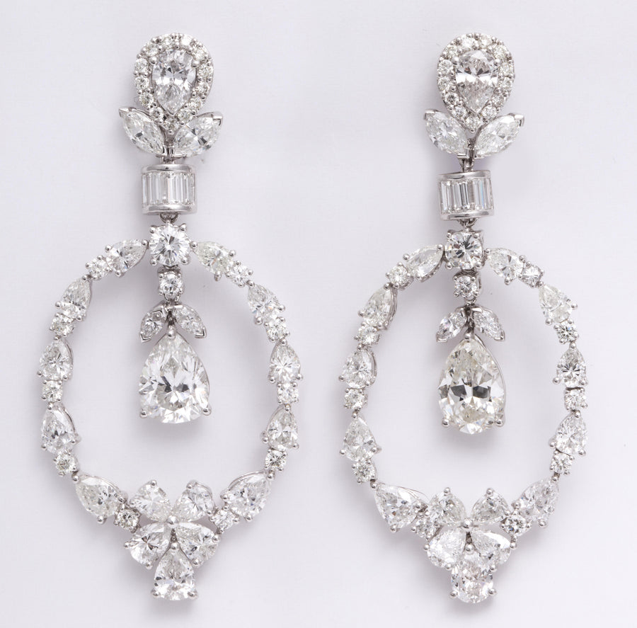 Suspended Pear-shaped Diamond and Stylized Laurel Chandelier Earrings