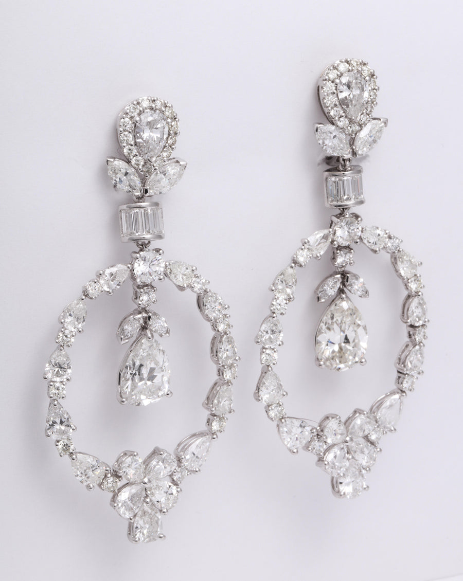 Suspended Pear-shaped Diamond and Stylized Laurel Chandelier Earrings